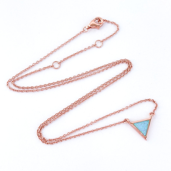 Vintage Sterling Silver 925 Rose Gold Tone Opal Triangle Pendant Necklace - Picture 2 of 5